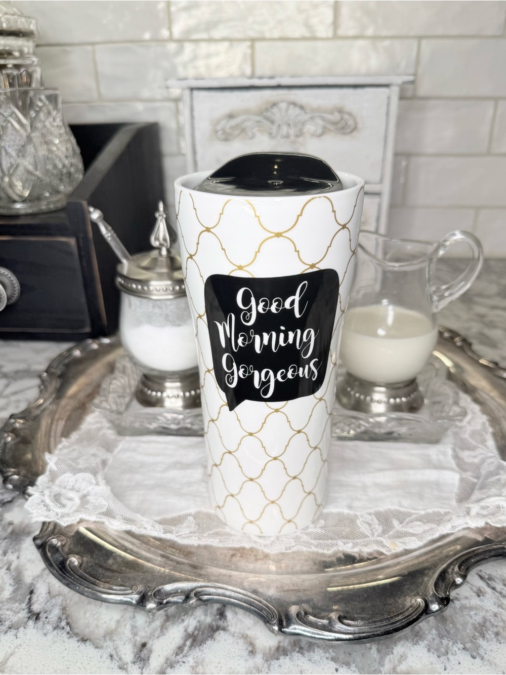 Ciroa White & Gold 'Good Morning Gorgeous' Porcelain Travel Mug